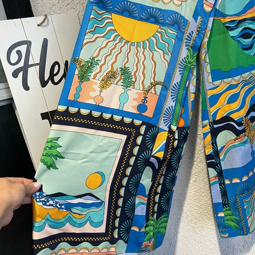 Anthropologie Blue Green Yellow Patchwork Wide-Leg Pants - Picture 7 of 13